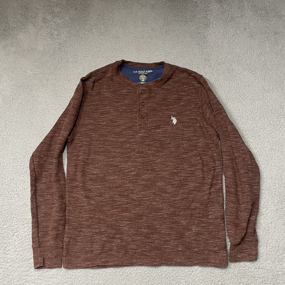 US Polo Assn Thermal Henley Shirt Mens Small Brown White Pony Waffle Knit LS